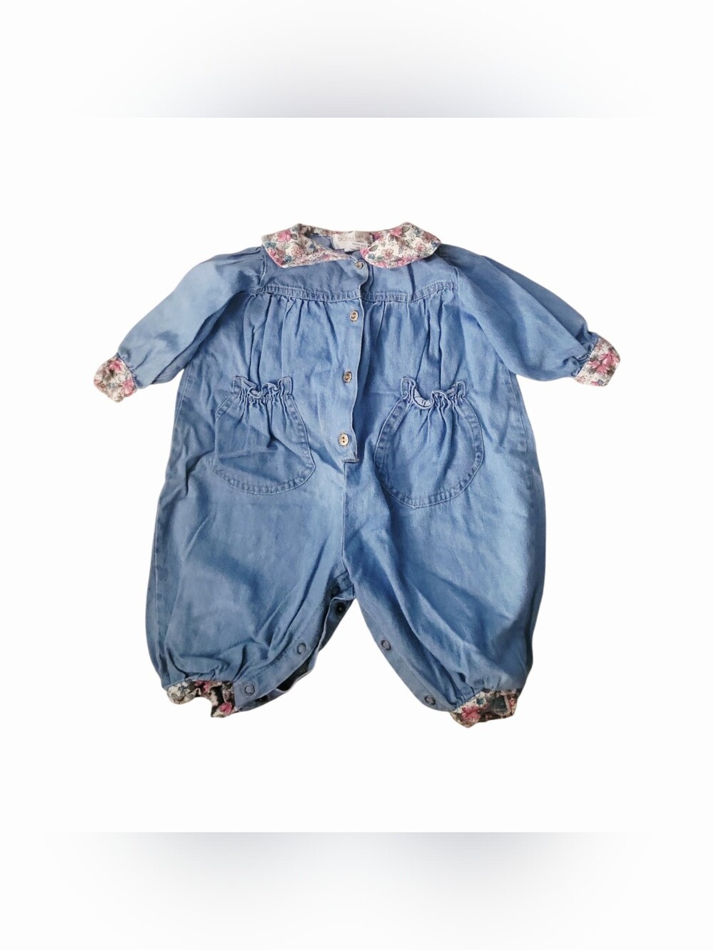 Vintage Baby Beluga Floral Trimmed Denim Balloon One Piece Romper Size 12 M
